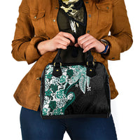 Monstera Plumeria Flowers Teal Shoulder Handbag Polynesian Pattern