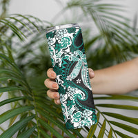 Monstera Plumeria Flowers Teal Skinny Tumbler Polynesian Pattern