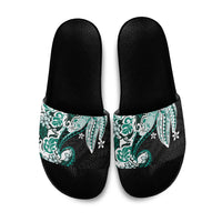 Monstera Plumeria Flowers Teal Slide Sandals Polynesian Pattern