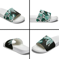 Monstera Plumeria Flowers Teal Slide Sandals Polynesian Pattern