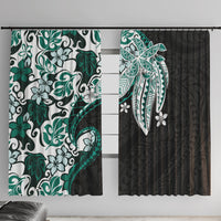 Monstera Plumeria Flowers Teal Window Curtain Polynesian Pattern