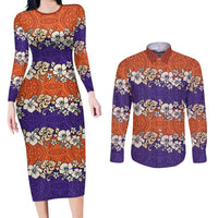 Hawaiian Hibiscus Couples Matching Long Sleeve Bodycon Dress and Long Sleeve Button Shirt Orange and Purple Unique LT01 Orange - Polynesian Pride