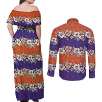 Hawaiian Hibiscus Couples Matching Off Shoulder Maxi Dress and Long Sleeve Button Shirt Orange and Purple Unique LT01 - Polynesian Pride