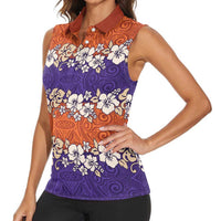 Hawaiian Hibiscus Women Sleeveless Polo Shirt Orange and Purple Unique
