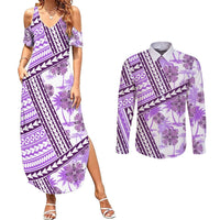 Hawaii Quilt Couples Matching Summer Maxi Dress and Long Sleeve Button Shirt Kakau Polynesian Pattern Lilac Version LT01 Purple - Polynesian Pride