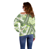 Hawaii Quilt Off Shoulder Sweater Kakau Polynesian Pattern Olive Green Version LT01 - Polynesian Pride