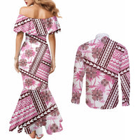 Hawaii Quilt Couples Matching Mermaid Dress and Long Sleeve Button Shirt Kakau Polynesian Pattern Mauve Pink Version LT01 - Polynesian Pride