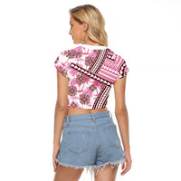 Hawaii Quilt Raglan Cropped T Shirt Kakau Polynesian Pattern Mauve Pink Version LT01 - Polynesian Pride