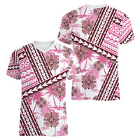 Hawaii Quilt Women V Neck T Shirt Kakau Polynesian Pattern Mauve Pink Version LT01 - Polynesian Pride