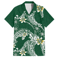 Polynesian Hawaiian Plumeria Tribal Pattern Family Matching Off The Shoulder Long Sleeve Dress and Hawaiian Shirt Green Version
