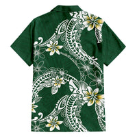 Polynesian Hawaiian Plumeria Tribal Pattern Family Matching Off The Shoulder Long Sleeve Dress and Hawaiian Shirt Green Version