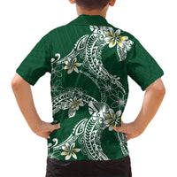 Polynesian Hawaiian Plumeria Tribal Pattern Family Matching Off Shoulder Short Dress and Hawaiian Shirt Green Version