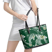 Polynesian Hawaiian Plumeria Tribal Pattern Leather Tote Bag Green Version