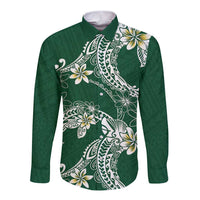 Polynesian Hawaiian Plumeria Tribal Pattern Long Sleeve Button Shirt Green Version