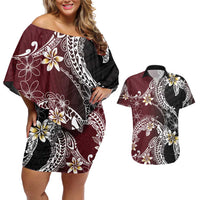 Polynesian Hawaiian Plumeria Tribal Pattern Couples Matching Off Shoulder Short Dress and Hawaiian Shirt Special Wine Red Version
