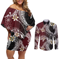 Polynesian Hawaiian Plumeria Tribal Pattern Couples Matching Off Shoulder Short Dress and Long Sleeve Button Shirt Special Wine Red Version