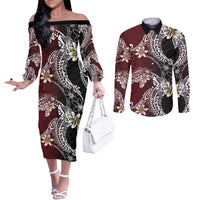 Polynesian Hawaiian Plumeria Tribal Pattern Couples Matching Off The Shoulder Long Sleeve Dress and Long Sleeve Button Shirt Special Wine Red Version