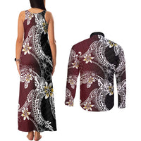 Polynesian Hawaiian Plumeria Tribal Pattern Couples Matching Tank Maxi Dress and Long Sleeve Button Shirt Special Wine Red Version