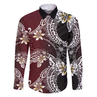 Polynesian Hawaiian Plumeria Tribal Pattern Family Matching Long Sleeve Bodycon Dress and Hawaiian Shirt Special Wine Red Version