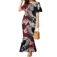 Polynesian Hawaiian Plumeria Tribal Pattern Family Matching Mermaid Dress and Hawaiian Shirt Special Wine Red Version