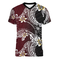 Polynesian Hawaiian Plumeria Tribal Pattern Women V-Neck T-Shirt Special Wine Red Version LT01 Female Red - Polynesian Pride