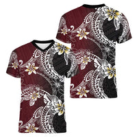 Polynesian Hawaiian Plumeria Tribal Pattern Women V-Neck T-Shirt Special Wine Red Version LT01 - Polynesian Pride