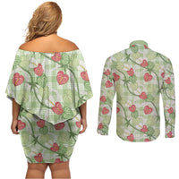 Anthurium Pikake Ti Leaf Palaka Couples Matching Off Shoulder Short Dress and Long Sleeve Button Shirt Green Version LT01 - Polynesian Pride