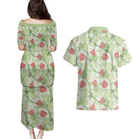 Anthurium Pikake Ti Leaf Palaka Couples Matching Puletasi and Hawaiian Shirt Green Version