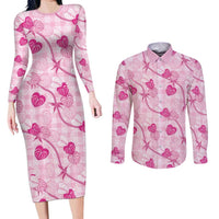 Anthurium Pikake Ti Leaf Palaka Couples Matching Long Sleeve Bodycon Dress and Long Sleeve Button Shirt Pink Version LT01 Pink - Polynesian Pride