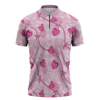 Anthurium Pikake Ti Leaf Palaka Zipper Polo Shirt Pink Version