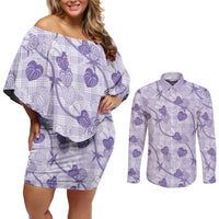 Anthurium Pikake Ti Leaf Palaka Couples Matching Off Shoulder Short Dress and Long Sleeve Button Shirt Purple Version LT01 Purple - Polynesian Pride