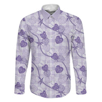 Anthurium Pikake Ti Leaf Palaka Family Matching Off The Shoulder Long Sleeve Dress and Hawaiian Shirt Purple Version LT01 Dad's Shirt - Long Sleeve Purple - Polynesian Pride