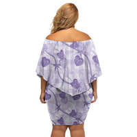 Anthurium Pikake Ti Leaf Palaka Off Shoulder Short Dress Purple Version LT01 - Polynesian Pride