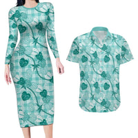 Anthurium Pikake Ti Leaf Palaka Couples Matching Long Sleeve Bodycon Dress and Hawaiian Shirt Turquoise Version LT01 Turquoise - Polynesian Pride