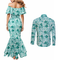 Anthurium Pikake Ti Leaf Palaka Couples Matching Mermaid Dress and Long Sleeve Button Shirt Turquoise Version LT01 - Polynesian Pride
