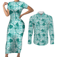 Anthurium Pikake Ti Leaf Palaka Couples Matching Short Sleeve Bodycon Dress and Long Sleeve Button Shirt Turquoise Version LT01 Turquoise - Polynesian Pride