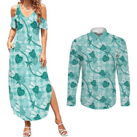 Anthurium Pikake Ti Leaf Palaka Couples Matching Summer Maxi Dress and Long Sleeve Button Shirt Turquoise Version LT01 Turquoise - Polynesian Pride