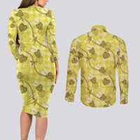 Anthurium Pikake Ti Leaf Palaka Couples Matching Long Sleeve Bodycon Dress and Long Sleeve Button Shirt Yellow Version LT01 - Polynesian Pride