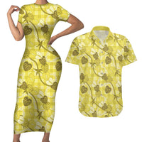 Anthurium Pikake Ti Leaf Palaka Couples Matching Short Sleeve Bodycon Dress and Hawaiian Shirt Yellow Version LT01 Yellow - Polynesian Pride
