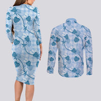 Anthurium Pikake Ti Leaf Palaka Couples Matching Long Sleeve Bodycon Dress and Long Sleeve Button Shirt Blue Version LT01 - Polynesian Pride