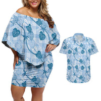 Anthurium Pikake Ti Leaf Palaka Couples Matching Off Shoulder Short Dress and Hawaiian Shirt Blue Version LT01 Blue - Polynesian Pride