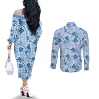 Anthurium Pikake Ti Leaf Palaka Couples Matching Off The Shoulder Long Sleeve Dress and Long Sleeve Button Shirt Blue Version LT01 - Polynesian Pride