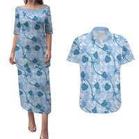 Anthurium Pikake Ti Leaf Palaka Couples Matching Puletasi and Hawaiian Shirt Blue Version