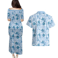 Anthurium Pikake Ti Leaf Palaka Couples Matching Puletasi and Hawaiian Shirt Blue Version