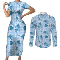 Anthurium Pikake Ti Leaf Palaka Couples Matching Short Sleeve Bodycon Dress and Long Sleeve Button Shirt Blue Version