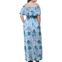 Anthurium Pikake Ti Leaf Palaka Family Matching Off Shoulder Maxi Dress and Hawaiian Shirt Blue Version LT01 - Polynesian Pride