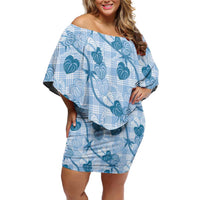 Anthurium Pikake Ti Leaf Palaka Off Shoulder Short Dress Blue Version LT01 Women Blue - Polynesian Pride