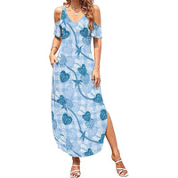 Anthurium Pikake Ti Leaf Palaka Summer Maxi Dress Blue Version