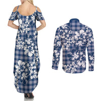 Hibiscus Pakala Cobalt Blue Royal Couples Matching Summer Maxi Dress and Long Sleeve Button Shirt Tropical Floral Stylized - Polynesian Pride