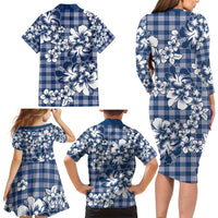 Hibiscus Pakala Cobalt Blue Royal Family Matching Long Sleeve Bodycon Dress and Hawaiian Shirt Tropical Floral Stylized - Polynesian Pride